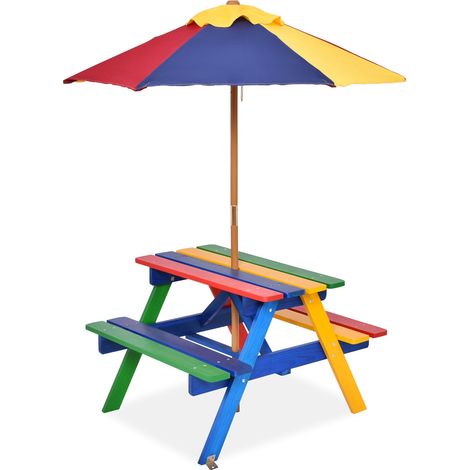 Conjunto de jardín con mesa y bancos para niños 79 x 71 x 52,5 cm con toldo desmontable estilo colorido fabricado en madera de abeto 200019408