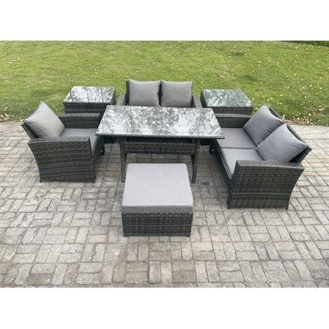 Fimous Wicker Rattan Garden Dining Set Outdoor Furniture Sofa with Dining Table Double Seat Sofa 2 Side Tables Big Footstool Dark Grey Mixed (1/5)