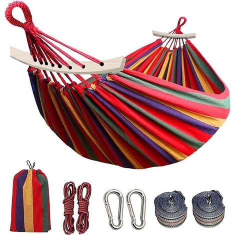 Hamac double, hamac en toile de coton pour 2 personnes, 200 kg, avec sac de transport, deux poutres d&aposéquilibre anti-roulis (1/5)