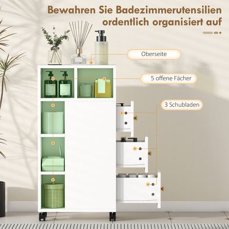Meuble de salle de bain fin, rangement mobile à roulettes, 3 tiroirs, 5 niches ouvertes, 20 x 40 x 80 cm, blanc (1/4)