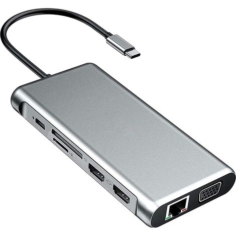 Adaptateur multiport USB-C double HDMI, hub USB-C 12 en 1 avec double sortie HDMI 4K, VGA, RJ45, 2 ports USB 3.0, 2 ports USB 2.0, USB-C PD, lecteur de cartes microSD/TF et prise audio 3,5 mm. (1/5)