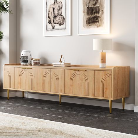 Meuble TV 170 cm avec portes structurées, poignées et pieds dorés, naturel (1/5)