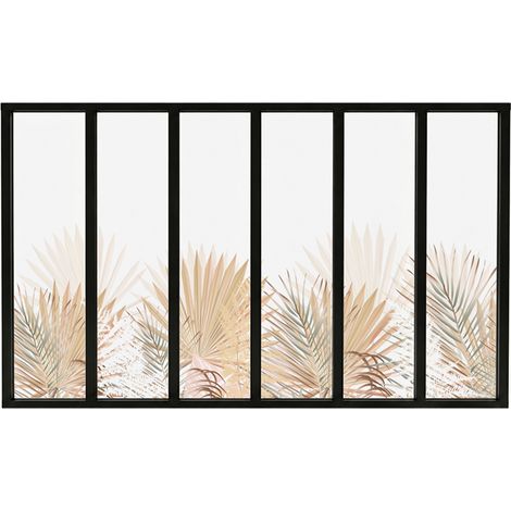 Verrière atelier intérieure aluminium noir 6 vitrages 201 x 117 cm - Décor végétal - Gaïa - beige et transparent - Verre trempé (1/5)