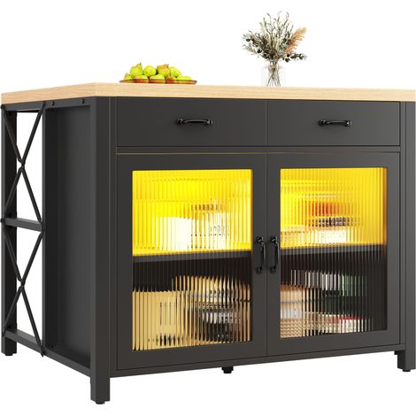 Îlot de cuisine avec bande LED, table haute noire, plan de travail effet bois, bar à café, pour salon et salle à manger, pieds réglables