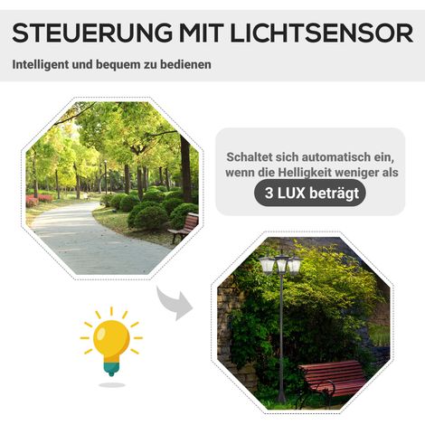 Lanterne solaire de jardin Outsunny à 3 lampes, mât en acier inoxydable, LED 120 lumens, 51,5 x 47 x 182,5 cm, protection IP44, pour jardin et balcon, noire (1/5)