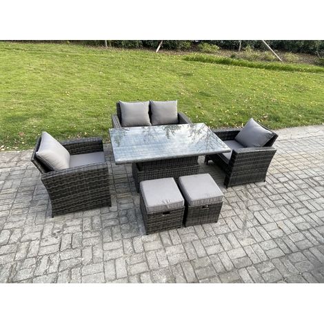 Fimous Gartenmöbel-Set im Freien 6-Sitzer Poly Rattan Sitzgruppe mit Einstellbare Höhe Esstisch 2 Kleiner Fußhocker Dunkelgrau Gemischt (1/5)