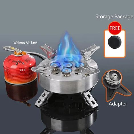 Réchaud à gaz portable de camping 12800W, coupe-vent et pliable, en acier inoxydable, avec brûleur à gaz 5 têtes. (1/5)