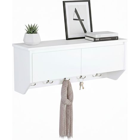 Relaxdays wall coat rack, 5 hooks, with storage, WxHxD: 30x78x20 cm, modern, hallway shelf with 2 compartments, white (1/5)