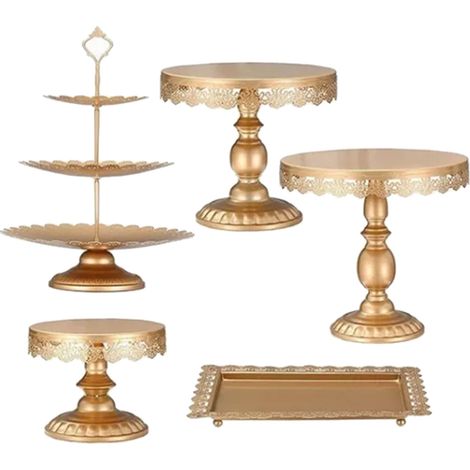 Lot de 5 présentoirs à gâteaux en métal doré, support à cupcakes à étages pour mariage, anniversaire, baby shower et fête (1/5)