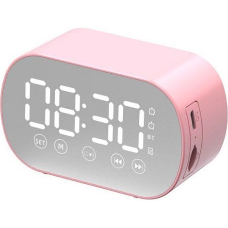 Réveil Bluetooth avec écran LED miroir, radio, météo, deux alarmes puissantes, idéal pour les gros dormeurs, rose.