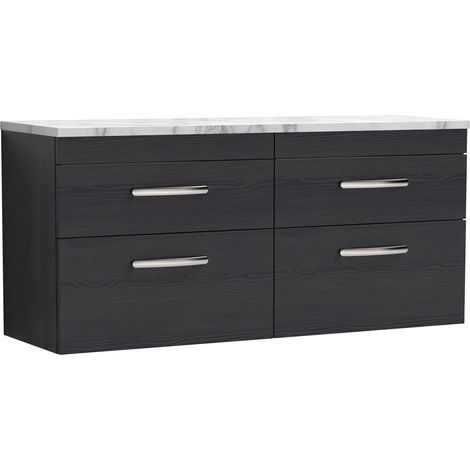 Nuie Athena Wall Hung 4-Drawer Vanity Unit with Carrera Marble Worktop 1200mm Wide - Charcoal Black Woodgrain (1/4)