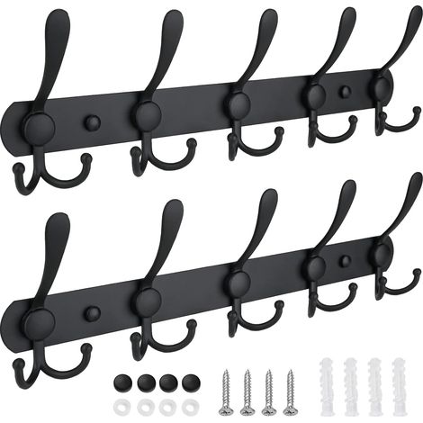 Perchero de pared con cinco ganchos triples de alta resistencia, construcción totalmente metálica para chaquetas y capuchas, ideal para entradas y cuartos de barro, color negro mate (paquete de 2). (1/5)