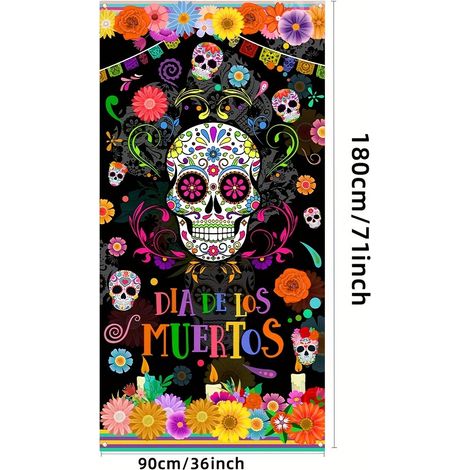 Rideau/drapeau de porte pour la Toussaint, orné de crânes et de fleurs colorés - Décoration mexicaine - 90 x 180 cm (œillets + ruban) - Style 4