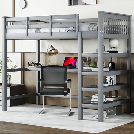 Cama alta de pino y MDF gris 90x200 cm con escritorio y estantes, somier incluido (1/5)