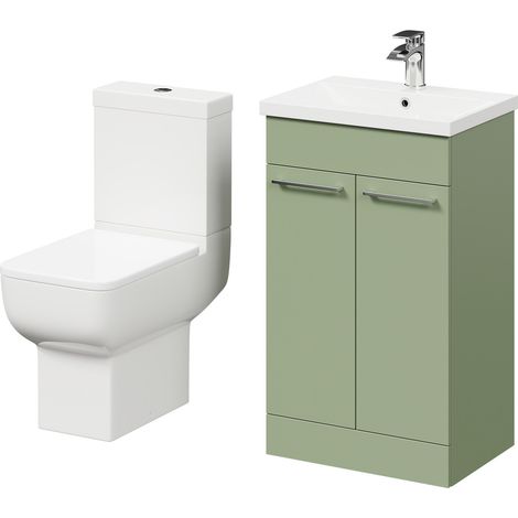 Wholesale Domestic Alessio Olive Green 500mm Vanity Unit and Toilet Suite including Open Back Toilet and Floor Standing Vanity Unit with 2 Doors and Polished Chrome Handles (1/5)