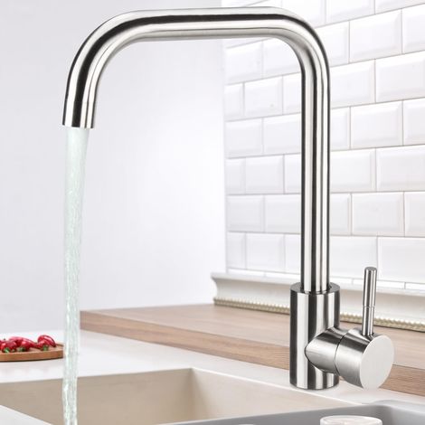 Mitigeur Évier avec Bec Haut Mitigeur Cuisine à poignée unique Robinet de Cuisine, Froid & Chaud Disponible, installation et nettoyage facile, Acier Inoxydable ,Forme en L(Argent) (1/5)