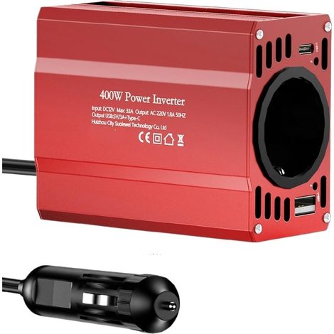 Convertisseur onduleur Voiture Onduleur Puissance 12V 220V 50hz 400W Convertisseur Voiture Camping Plein Air Maison Téléphone Lumière LED Ventilateur Prise UE, rouge