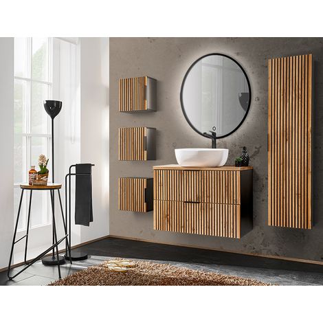 Badezimmer Komplett Set, 80 cm Waschtisch und LED Spiegel XANTEN-56 in anthrazit mit Eiche Nb. schwarz gerillt, B/H/T: ca. 180/200/46,5 cm (1/5)