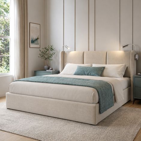 Lit coffre double 160x200 cm en tissu lin avec lampe de lecture, port USB, tête de lit et sommier à lattes, sans matelas (1/5)