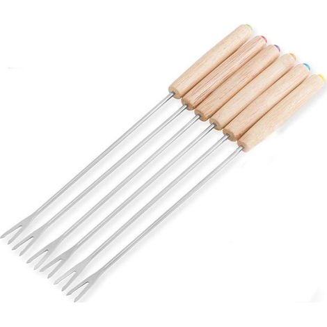 Service à fondue en acier inoxydable 6 pièces - avec poignées en bois - pour griller du fromage, des fruits et du chocolat - 24 cm (1/5)