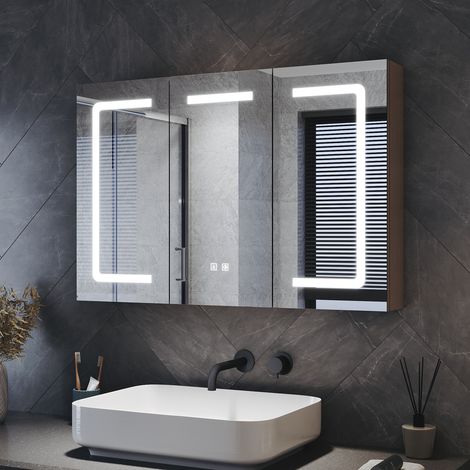ELEGANT Bathroom Anti-Fog LED Three-Door Mirror Cabinet with Dual Touch Switch, Three Color Temperatures + Infinite Dimming + Power-Off Memory, Light Brown, 900x600x125mm