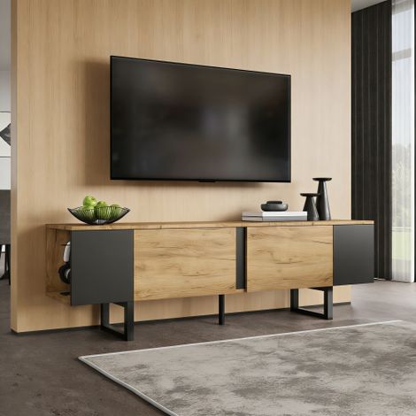 TV-Ständer 180 x 40 x 55 cm – 2 Türen und offene Regalfächer – Geeignet für Fernseher bis zu 75 Zoll – Spanplatte – Natur und Schwarz