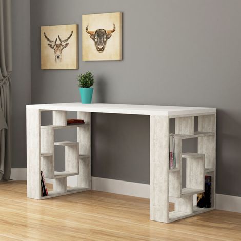 Decortie Labirent Moderner Schreibtisch mit Bücherregalbeinen Breite 137cm - Weiß / Antikweiß