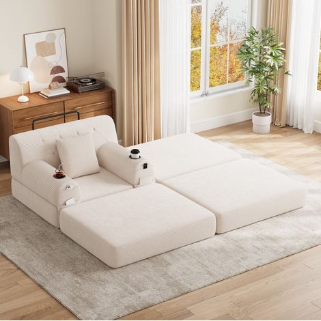 Fauteuil-lit 1 place avec ottoman, dossier haut, corduroy beige, cadre métal, REDOM (1/5)