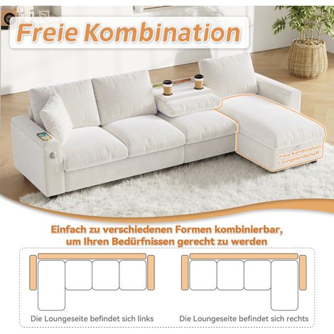 Canapé en tissu Chenille, de forme L. Il comporte deux accoudoirs et un espace de rangement. La table de chevet est rétractable. Elle dispose de deux étagères pour les boissons Couleur beige. (1/5)