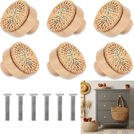 6 Pices 4x4cm Boutons De Meuble En Rotin, Bouton En Rotin En Bois, Bouton De Meuble, Pour Commodes Commodes Vintage Armoires De Cuisine Poignes De (1/5)