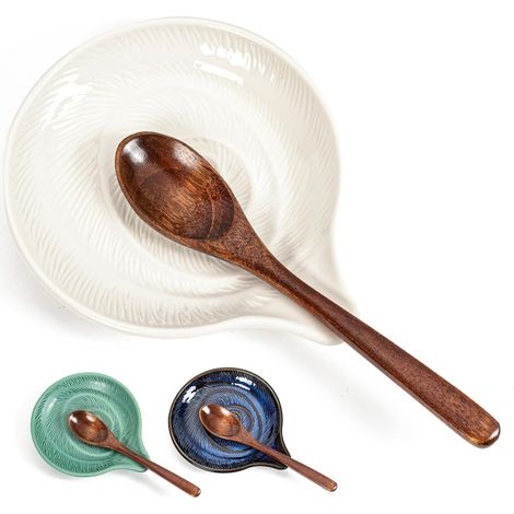Repose-cuillère de cuisine, porte-cuillère en céramique, résistant à la chaleur, pour ranger cuillères, louches, spatules, cuillères à café (blanc) (1/5)