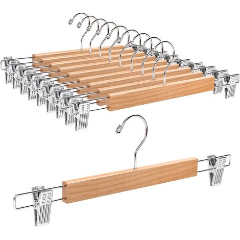 Packung mit 10 35 cm großen Kleiderbügeln aus Naturholz, robust und glänzend, für Hosen, Shorts, Röcke, Socken, Unterwäsche, mit rutschfesten Clips und drehbaren Haken.