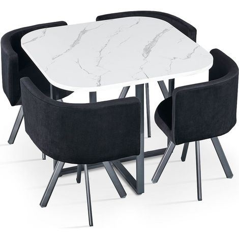 Table carrée 90cm avec 4 chaises gain de place Oslo Effet marbre blanc et Velours Noir
