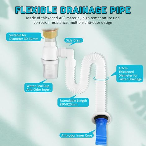 Kit de lavabo avec siphon 1 1/4" x 32 mm - Avec tuyau de vidange flexible et valve pop-up - Extensible - 290-820 mm - Pour évier de salle de bain, cuisine avec trop-plein