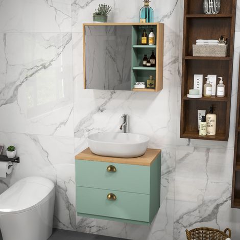 Ensemble de meubles de salle de bain avec étagères réglables 2 tiroirs design scandinave vert