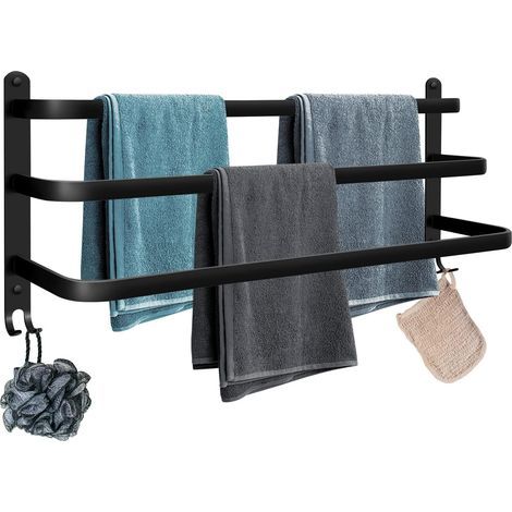 Vicmhuang – Porte-serviettes mural noir en aluminium – 3 niveaux avec 2 crochets – Installation sans perçage – Dimensions 60L x 17.5l x 7cm (1/5)