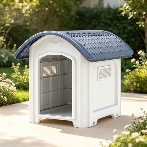 Outdoor-Hundehütte aus PP, schräges Dach, erhöhte Basis, weiß und grau HAVRYA (1/5)