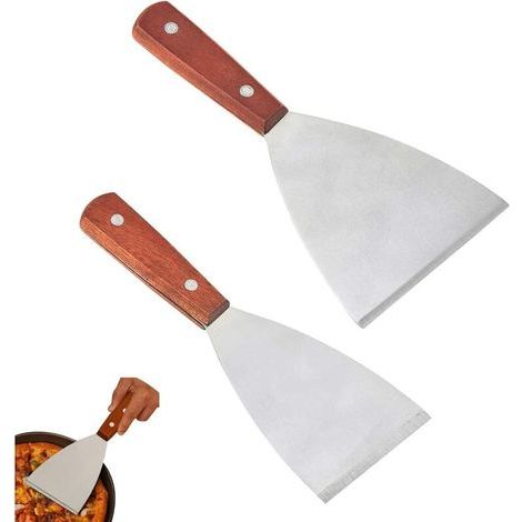 Spatule Manche en Bois Inox Spatule Barbecue Plancha Spatule en Acier Inoxydable de Haute Qualité pour Griller la Viande Teppanyaki et Nettoyer les Poêles à Griller, Passe au Lave-Vaisselle, 2 Pièces