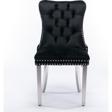 Collection Nickel : 2 chaises de salle à manger velours,bois massif touffé,pieds inox chromé,cloutées,noir et chrome. (1/5)