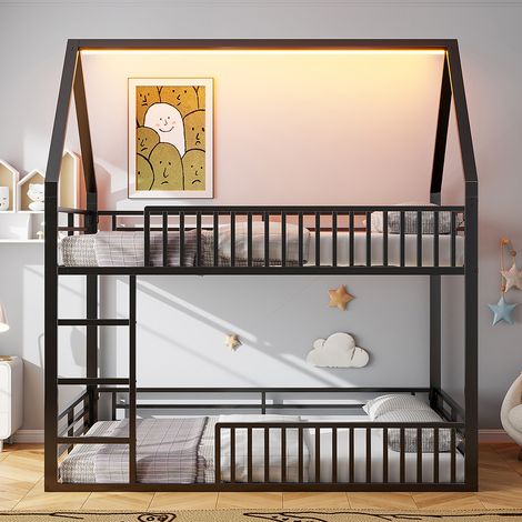 Lit superposé pour enfants 140 x 200 cm avec barrière de sécurité et éclairage LED, noir (1/5)