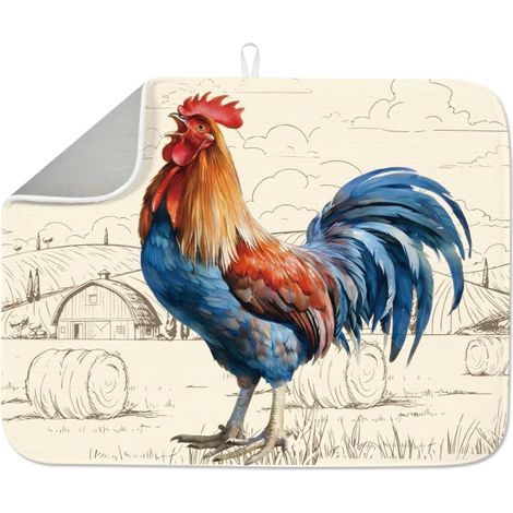 1 tapis de séchage à vaisselle coq 60 x 45 cm en microfibre polyester coton égouttoir absorbant tapis égouttoir résistant à la chaleur café bar comptoir tapis avec boucle de suspension vintage (1/5)