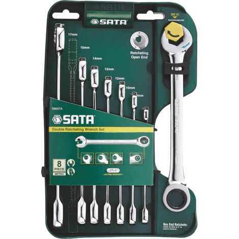 SATA ST08007ASJ Juego de Llaves de Carraca Doble Métricas, 8 Piezas con Tamaños (8, 10, 12, 13, 14, 15, 17, 19 mm)