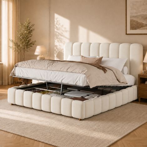 Modernluxe - Lit double coffre capitonné 160x200 cm - avec tête de lit et coffre de rangement - Tissu velours - Beige (sans matelas) (1/5)