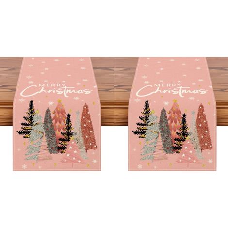 Camino de mesa navideño de 33 x 183 cm, con árbol de Navidad rosa y copos de nieve, decoración festiva para la mesa, estilo rústico (2 piezas). (1/5)