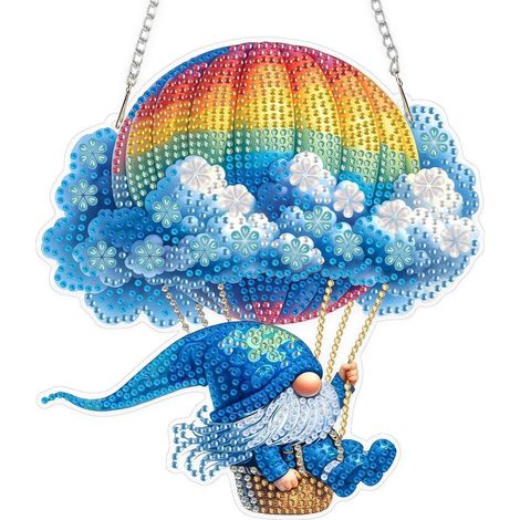 Diamond Painting Fensterbild Zwerg im Heißluftballon mit Kette, 5D Anhänger Deko