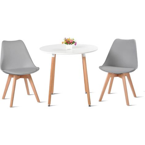 Esstisch-Set mit 2 Stühlen, skandinavisch, rund, Holz, Weiß + Grau (1/5)