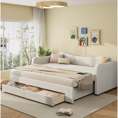 lit adulte extensible 90x200 180x200 rangement beige HAVRYA (1/5)