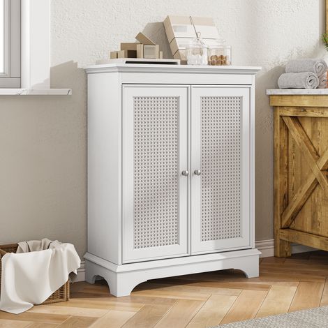 Mueble de baño de pie con espacio de almacenamiento puertas tipo cesta y estantes ajustables blanco (1/5)