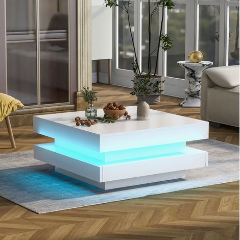 Mesa de centro de aglomerado blanco brillo 70 cm con tablero giratorio 360° y LED (1/5)