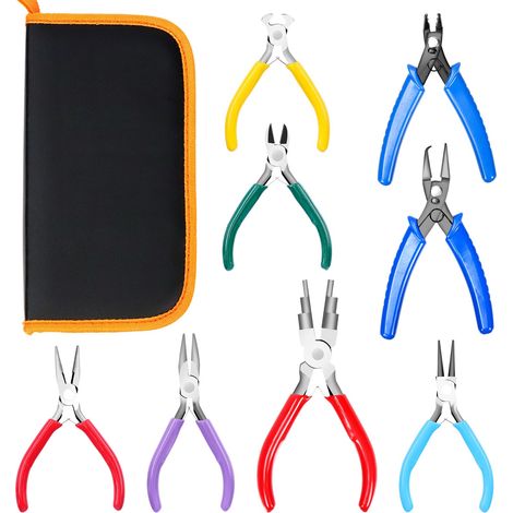 Lot de 8 pinces à bijoux de 11,4 cm, 8 types, outils de fabrication de bijoux colorés, pinces à bec rond, pinces à sertir, pinces à bec courbé pince à bout 6 étapes (1/5)